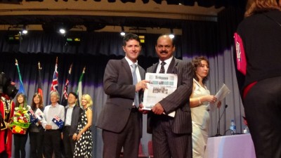 Tribune Chief Editor, Syed Atiq ul Hassan with the Minister Victor Dominello, at Ryde Civic Centre Australia Day function (26 Jan 2015; 11.30am)