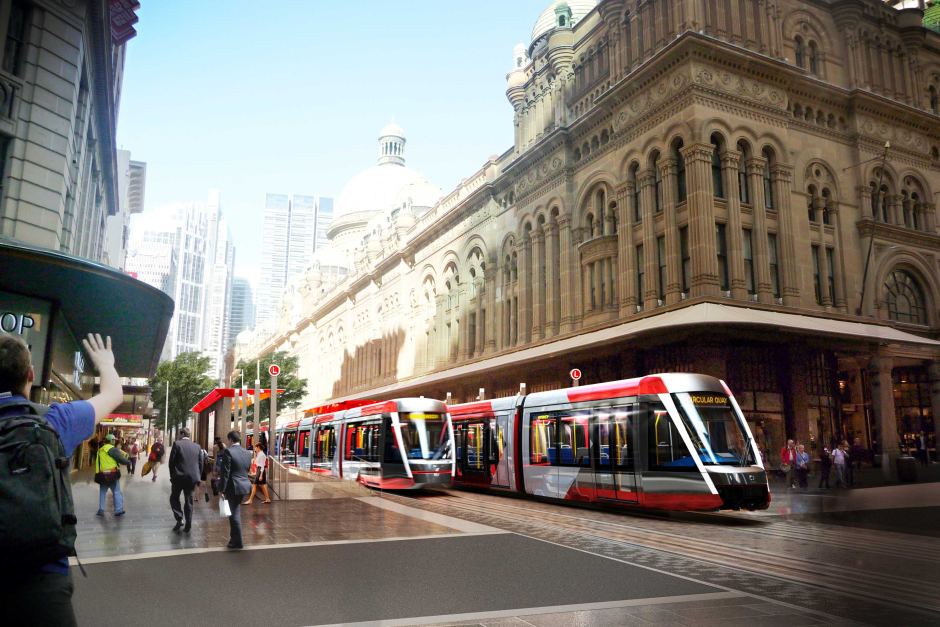 An artist's impression of the planned Sydney light rail near the QV building in the CBD. Supplied: NSW Government