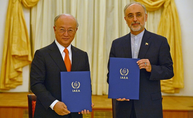 IAEA Director General Yukiya Amano and Vice President of the Islamic Republic of Iran Ali Akhbar Salehi at the signing of a roadmap for the clarification of past and present issues regarding Iran’s nuclear program in Vienna. Coburg Palace, Vienna, Austria, 14 July 2015.