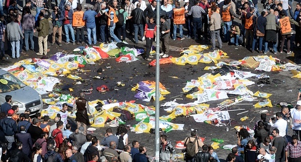 Victims lie on the street in Ankara as the scene of the explosion is cordoned off . Photo: Anadolu Agency/Getty Images