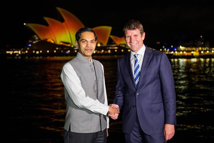 Indian Consul General Sunjay Sudhir and NSW Premier Mike Baird celebrate Diwali as the Opera House was lit up in a golden orange to mark the Hindu festival of light