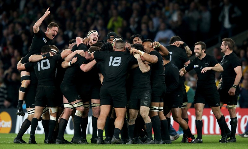 New Zealand players celebrate victory at the final whistle. Photograph: David Rogers/Getty Images