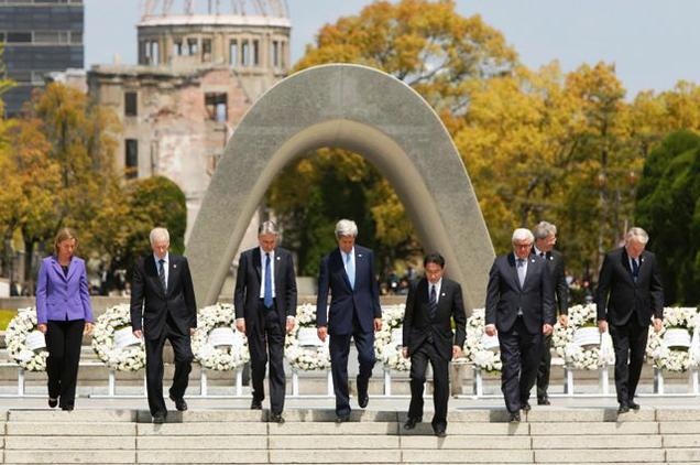G7 Foreign Ministers walk together after placing wreaths at the cenotaph at Hiroshima Peace Memorial Park in Hiroshima, western Japan on Monday.
