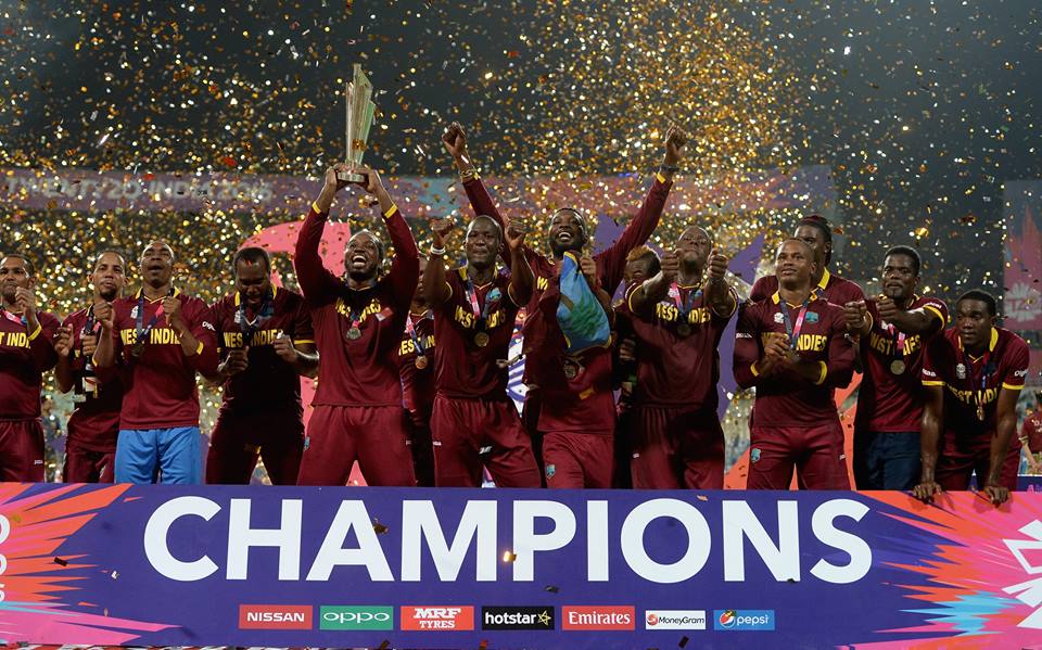 West Indies players celebrate after defeating England in the final of the ICC World Twenty20 2016 cricket tournament at Eden Gardens in Kolkata, India, Sunday, April 3, 2016.