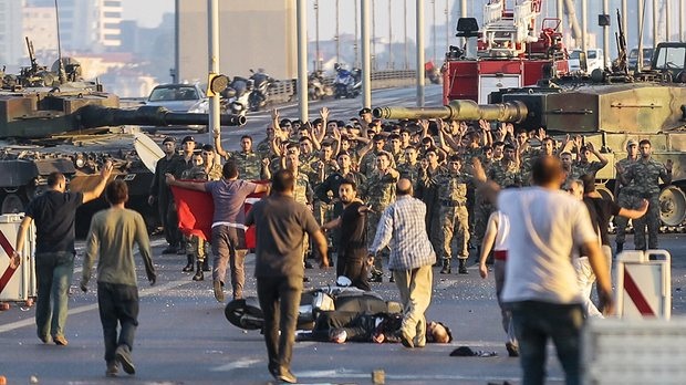 Soldiers involved in the coup attempt surrender on Bosphorus bridge with their hands raised in Istanbul on 16 July, 2016
