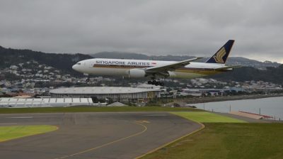 Singapore Airlines’ 9V-SRP arrives at Wellington Airport. Photo: Gary Hollier