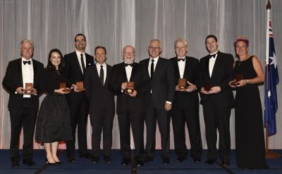 L-R: Gary Tilley, Kerrie Wilson, Colin Hall, Minister Greg Hunt, Rick Shine, Prime Minister Malcolm Turnbull, Michael Aitken, Richard Payne, and Suzy Urbaniak (Photo credit: Prime Minister’s Prizes for Science)