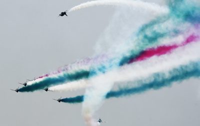 An aerobatic team performs during a rehearsal ahead of Independence day celebrations in Islamabad. —AFP