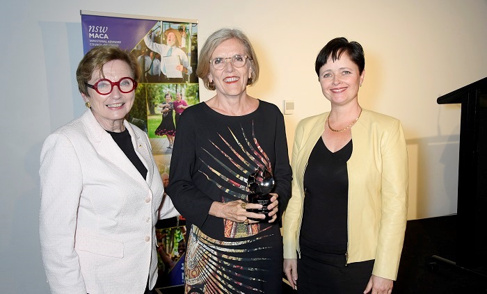 Chair of MACA Kathryn Greiner AO, Jenny Brockie (Gold Award winner), and NSW Minister for Ageing Tanya Davies
