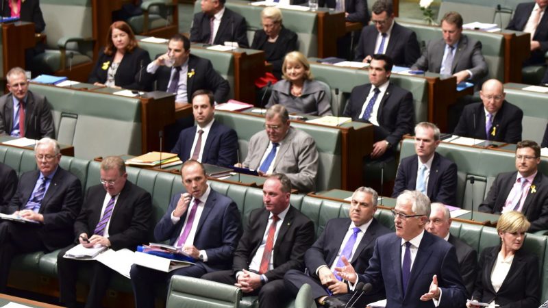 Malcolm Turnbull, bottom right, makes an address at Parliament after he was sworn in as prime minister in Canberra, Australia, Sept. 15, 2015.