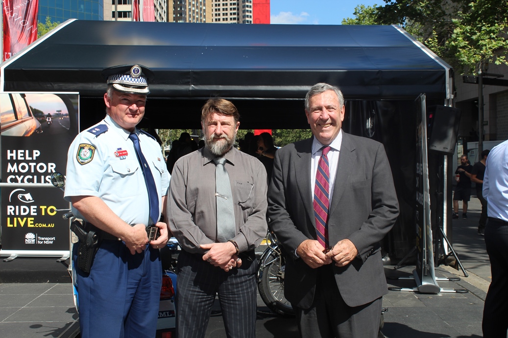 Inspector Phil Brooks NSW Police Force, Chris Burns Motorcycle Council of NSW and Minister Duncan Gay.