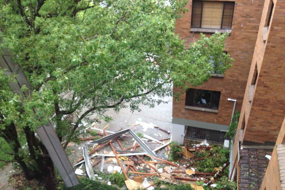 Storm debris is seen from a unit building in Toowong, in Brisbane's inner west. ABC Photo: Andree Withey