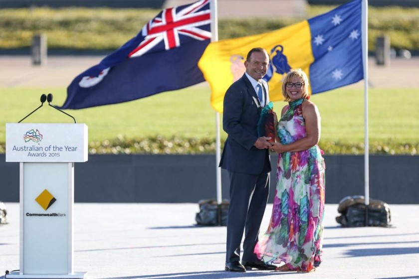 Prime Minister Tony Abbott and Australian of the Year Rosie Batty in Canberra on Sunday. Photo by Peter Williams
