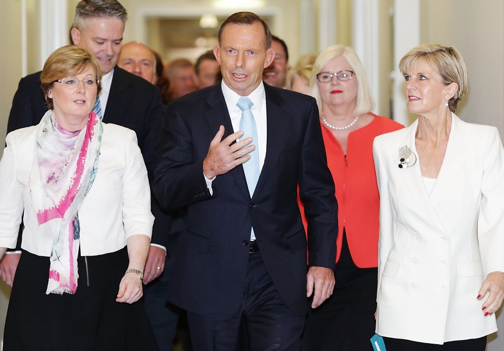 Abbott with members of his front bench today. Photo: Getty