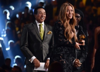 Smokey Robinson, left, presents Beyoncé with the award for best R&B performance for Drunk in Love, which also picked up best R&B song. Photograph: John Shearer/John Shearer/Invision/AP