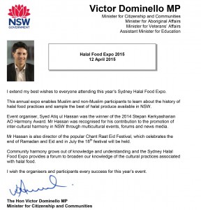 Message from Minister Victor Domenillo  on Halal Food Expo
