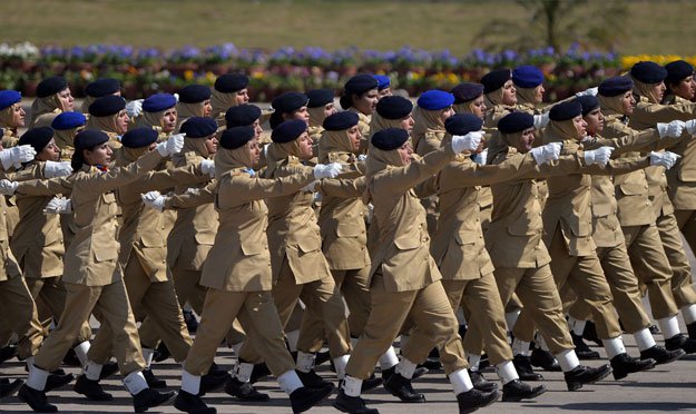 Troops march during the Pakistan Day military parade in Islamabad on March 23, 2015. PHOTO: AFP