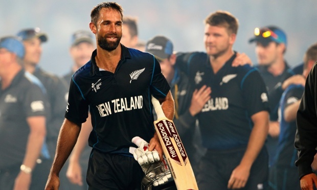 A happy and relieved looking Grant Elliott pictured as the New Zealand celebrate their four-wicket victory. Photo: Phil Walter/Getty Images