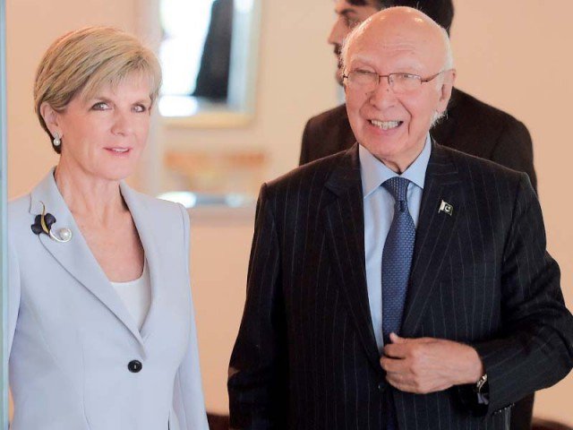 Australian Minister for Foreign Affairs Julie Bishop arrives at the Foreign Ministry with Prime Minister’s Adviser on National Security and Foreign Affairs Mr. Sartaj Aziz 