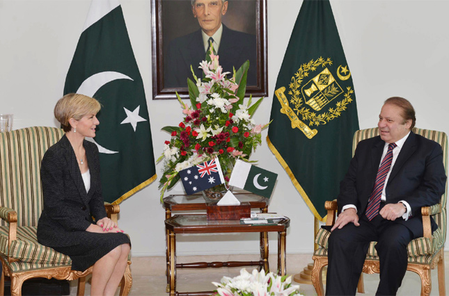 Pakistan's Prime Minister Nawaz Sharif meets with Australian Minister for Foreign Affairs Julie Bishop at the Prime Minister House in Islamabad. Photo: AFP