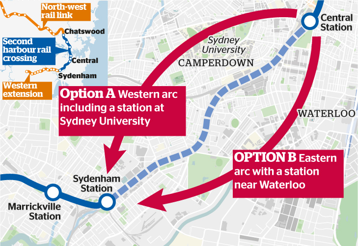 Two options for the second harbour rail crossing, with stations at either Sydney University or Waterloo.