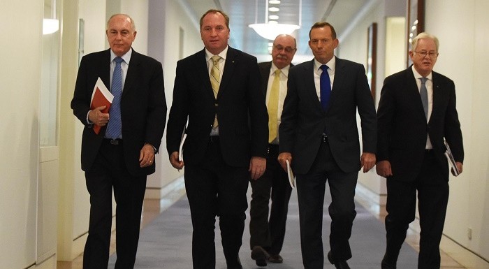 The prime minister, Tony Abbott (second from right), and relevant ministers arrive at press conference on release of the Northern Australia white paper. Photograph: Mick Tsikas/AAP