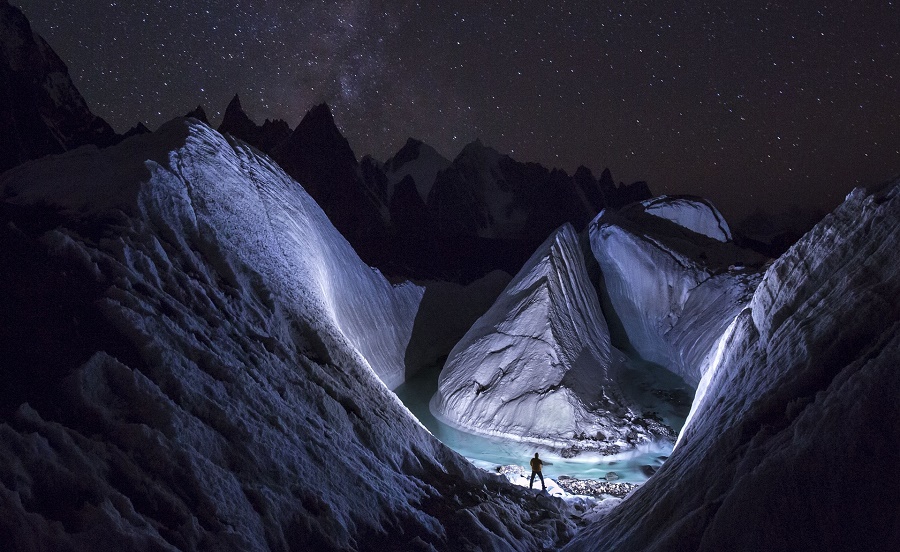 LED light to ‘paint’ the snow at Karakoram. PHOTO: DAVID KASZLIKOWSKI