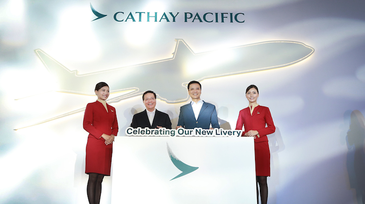 Cathay Pacific chief executive Ivan Chu launches the new livery with Hong Kong secretary for transport and housing Anthony Cheung (Cathay)