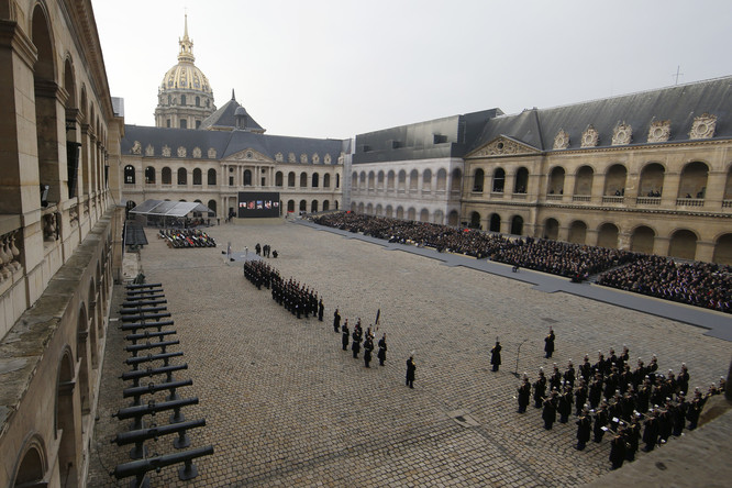 General view of the courtyard during a ceremony where politicians, officals and guests pay a national homage to the victims of the Paris attacks at Les Invalides monument in Paris, France. Photo: Jacky Naegelen