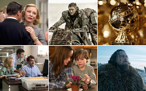 The nominees for best motion picture drama are (clockwise from top left): Carol, Mad Max: Fury Road, The Revenant, Room, and Spotlight