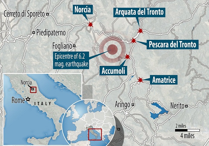 A map showing the location of Amatrice in Central Italy
