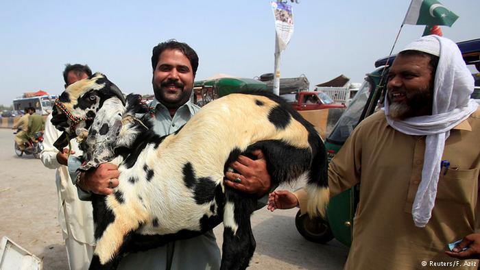 A man carries a goat for slaughter ahead of Eid in Peshawar, Pakistan