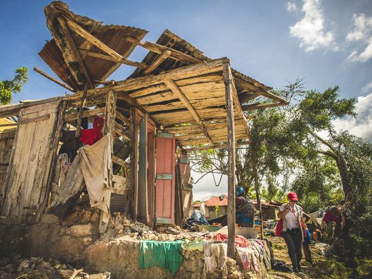 A house that was hit hard by Hurricane Matthew in Nippes, Haiti. (Photo: Sean Sheridan, Mercy Corps)