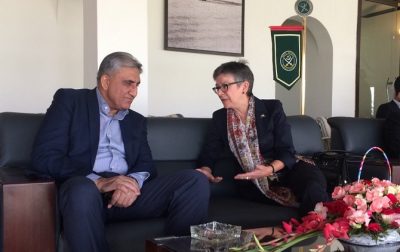 Australian High Commissioner to Pakistan Margaret Adamson with Lt Gen Qamar Javed Bajwa during T20 cricket match between Australian Army and Pakistan Army in Lahore, Pakistan.