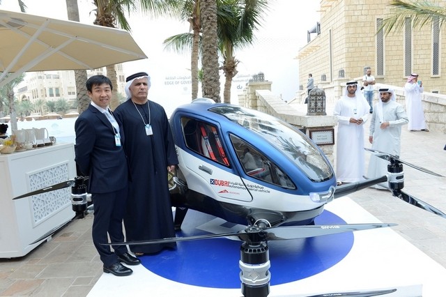 The Dubai RTA chief Mattar Al Tayer with a representative of the Chinese driverless flying car, or AAV, maker Ehang. “We are working hard to start operation of the AAV this July,” said Mr Al Tayyer. Courtesy APCO Worldwide