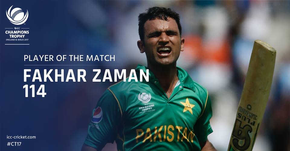 Player of the Match Award goes to Fakhar Zaman for his sensational  100