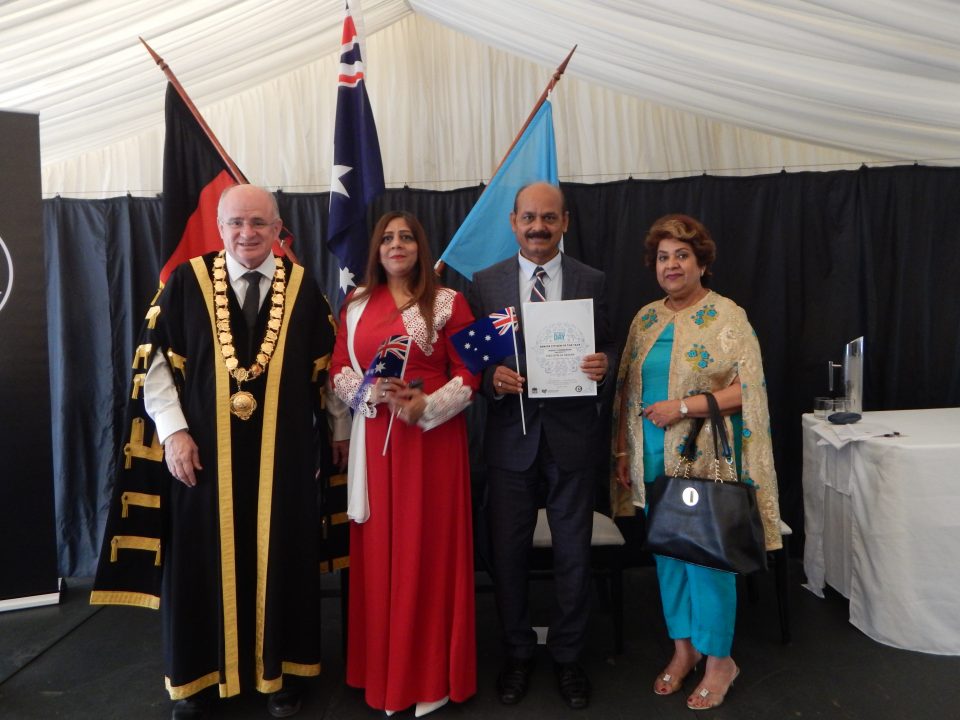 Syed-Atiq-ul-Hassan receiving Citizenship Award of the Year 2018 from Lord Mayor of Parramatta Surray Hassan in the middle and Kumand Mirani on Right December 18, 2017 